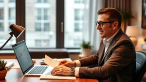 Affluent professional investor reviewing healthcare startup documents at modern home office desk with laptop and financial charts visible, warm lighting, confident expression, sophisticated workspace environment