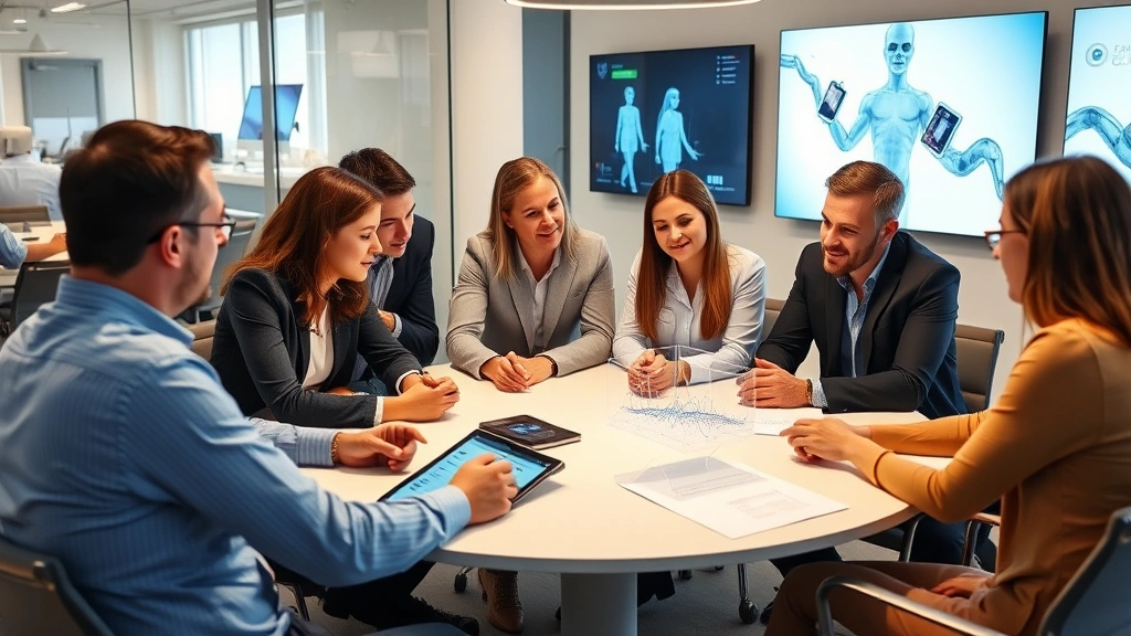 Diverse group of angel investors in business casual attire collaborating around conference table reviewing healthcare technology prototype, engaged discussion, modern office setting with healthcare imagery