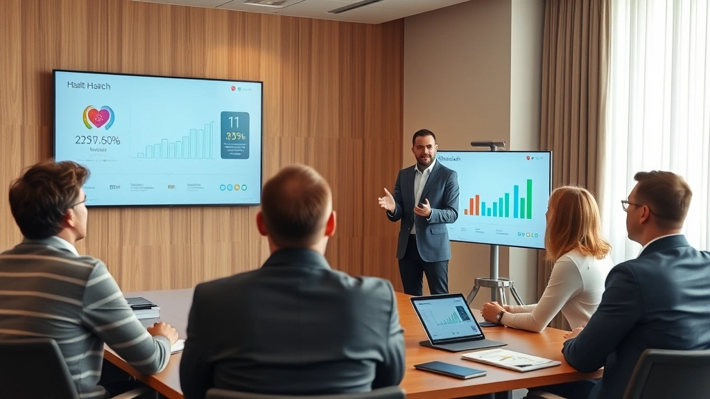 Successful entrepreneur presenting home health technology solution to attentive group of investors in professional meeting room, digital screens showing healthcare metrics, confident body language, diverse audience