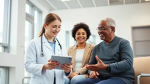 Professional female doctor in white coat consulting with diverse middle-aged patient in modern clinic office with natural lighting, both smiling, discussing health records on tablet