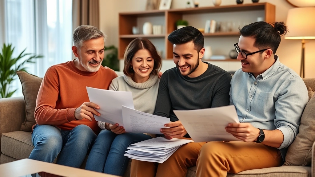 Diverse family of four sitting together in comfortable living room reviewing healthcare documents and insurance papers, relaxed atmosphere with warm lighting, showing financial planning discussion