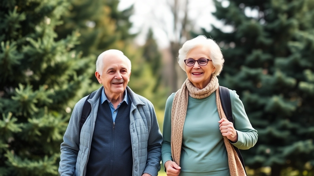 Senior man and woman walking together outdoors in Washington park setting with evergreen trees, both appearing healthy and active, natural daylight, genuine wellness lifestyle moment