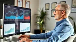 Professional healthcare administrator in modern office reviewing financial charts and investment portfolio on computer screen, confident expression, natural lighting, modern workspace with healthcare certifications visible on wall