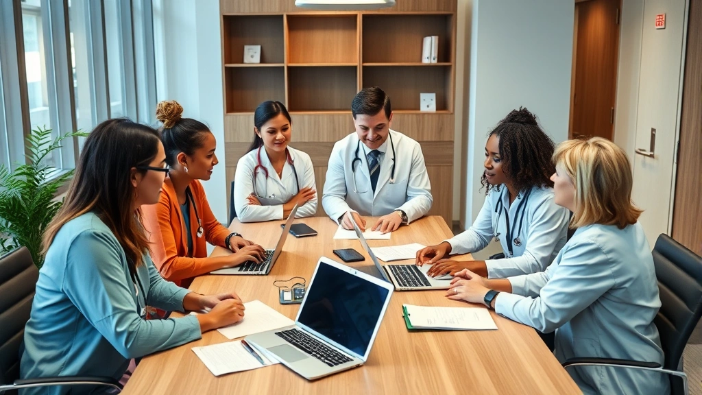 Diverse group of healthcare professionals in business casual attire having a collaborative meeting around a conference table with laptops and documents, discussing career advancement and professional development strategies