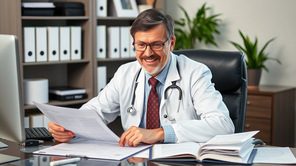 Successful middle-aged professional in healthcare field sitting at desk reviewing retirement account statements and investment portfolio documents with satisfied expression, organized financial planning materials visible