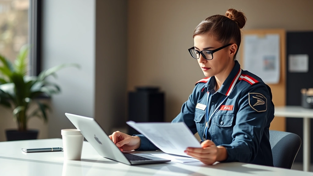 Professional postal worker in uniform reviewing health insurance documents at a modern office desk with a tablet and coffee cup, natural lighting, focused expression
