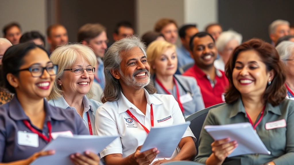 Diverse group of postal workers of various ages in a benefits education seminar, smiling and engaged, taking notes during healthcare coverage presentation