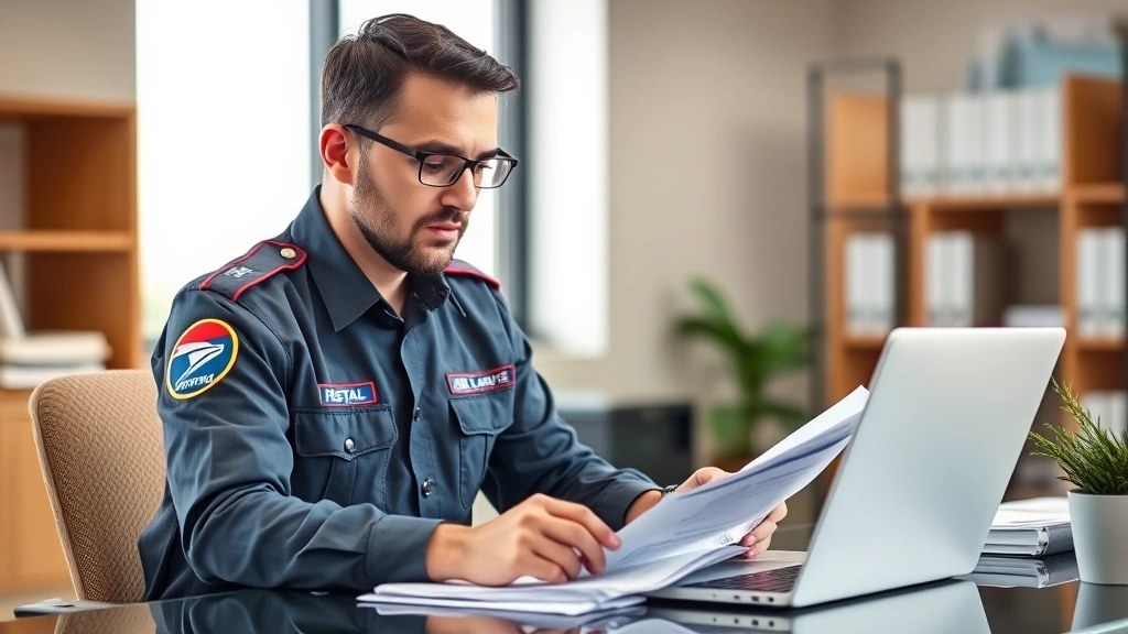 Professional postal worker in uniform reviewing health insurance documents at desk with laptop, natural office lighting, focused expression evaluating benefits paperwork
