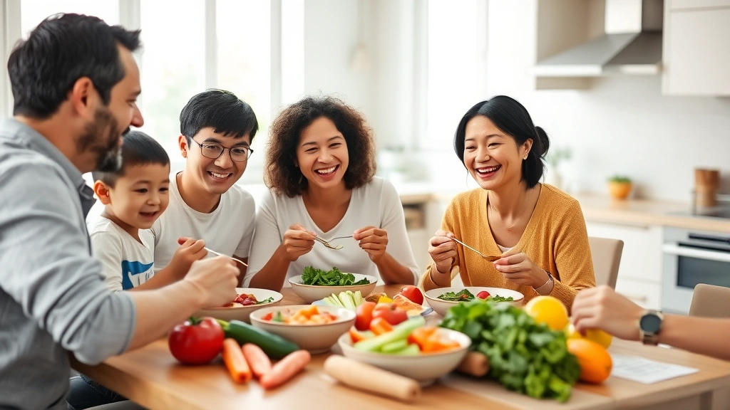 Family of four having healthy meal at dining table, smiling, fresh vegetables and fruits visible, bright kitchen setting, representing wellness and preventive health benefits