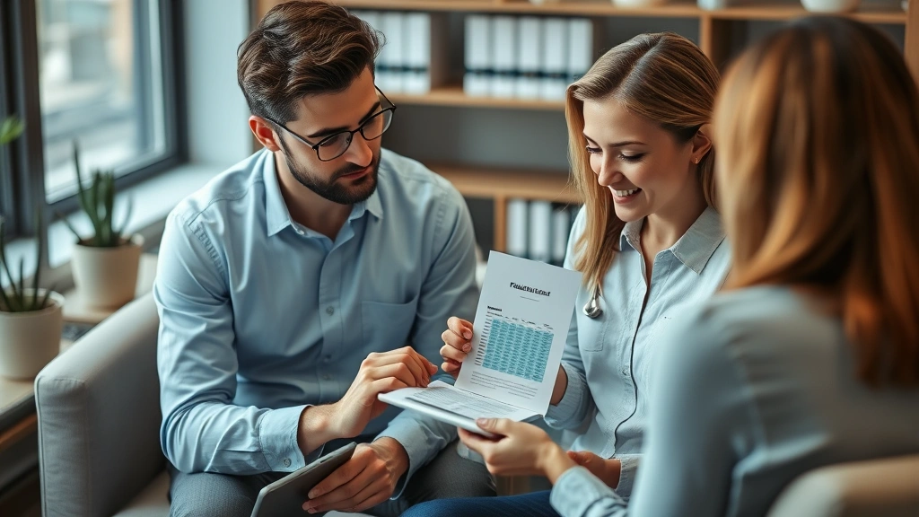 Financial advisor and client reviewing healthcare cost spreadsheet on tablet during consultation meeting, professional office environment, collaborative discussion about medical expenses and insurance planning