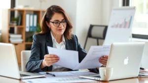 Professional woman in business attire reviewing financial documents and investment portfolio on desk with laptop and coffee, natural office lighting, confident expression focused on growth