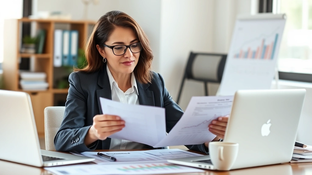 Professional woman in business attire reviewing financial documents and investment portfolio on desk with laptop and coffee, natural office lighting, confident expression focused on growth
