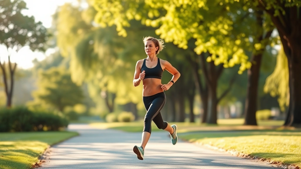 Fit person jogging outdoors in morning sunlight through park, athletic wear, healthy lifestyle, vibrant natural setting with green trees, embodying wellness and energy