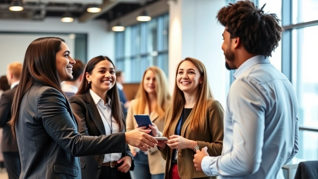 Diverse group of young professionals networking at business event, smiling and shaking hands, modern office setting, collaborative atmosphere representing career growth and opportunity