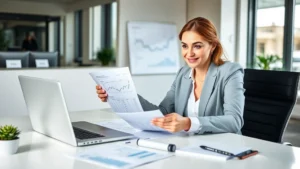 Professional woman reviewing financial documents and investment portfolio at modern desk with laptop, organized workspace with charts and analytics visible, natural lighting, confident expression, wealth management concept