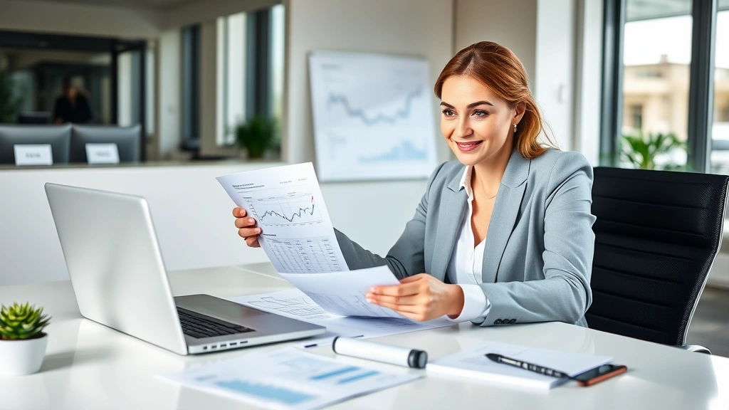 Professional woman reviewing financial documents and investment portfolio at modern desk with laptop, organized workspace with charts and analytics visible, natural lighting, confident expression, wealth management concept