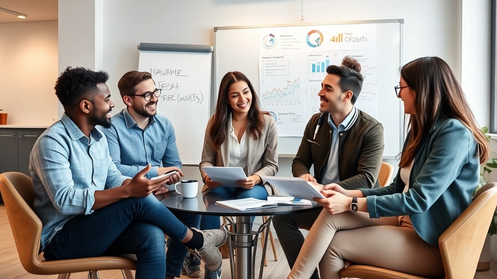 Diverse group of young professionals in casual meeting discussing business growth strategy, collaborative environment with whiteboard and financial planning materials, positive team energy, modern office setting