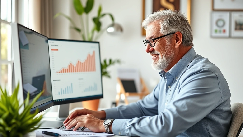 Mature investor reviewing long-term wealth portfolio on computer screen, peaceful home office with plants and natural light, papers and retirement planning documents visible, satisfied expression showing financial security