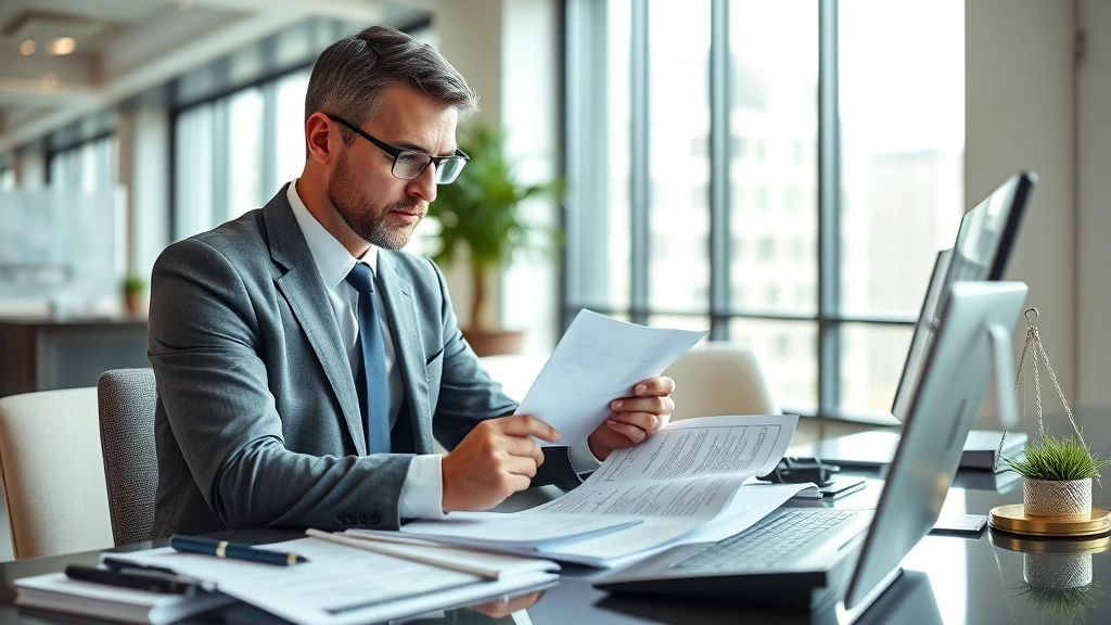 Professional investor reviewing financial documents and legal papers in modern office, analyzing company litigation impact with calculator and reports on desk, serious focused expression, natural daylight from windows