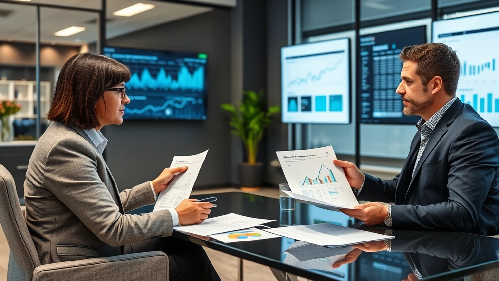 Financial advisor discussing investment strategy with client in contemporary office, showing portfolio diversification charts and risk assessment documents, collaborative discussion environment with financial technology displays