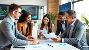 Professional financial advisor meeting with diverse clients reviewing investment portfolio documents and growth charts in modern office setting with financial technology displays