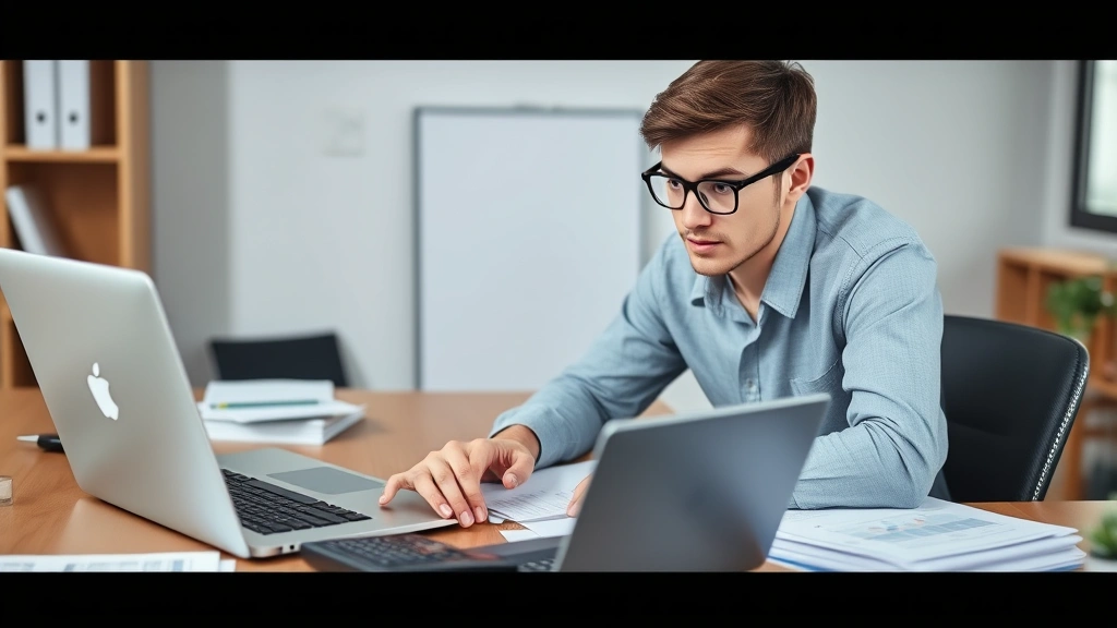 Young professional working at desk with laptop, calculator, and financial planning documents, showing focused determination while managing personal wealth strategy