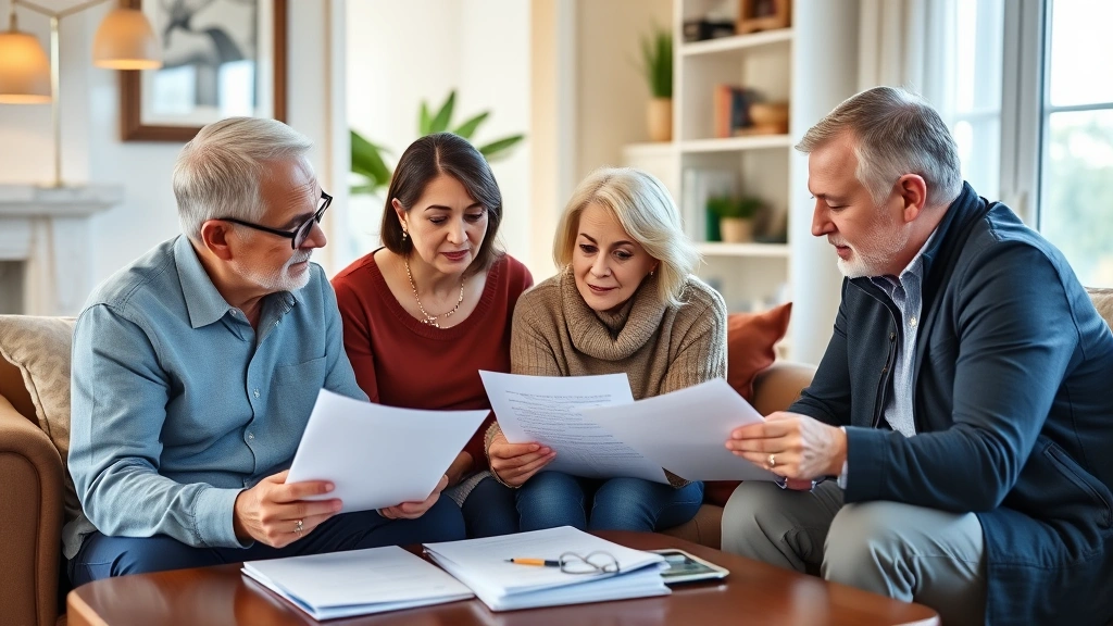 Multi-generational family reviewing financial goals together with advisor, displaying documents and discussing long-term wealth building plans in comfortable home office