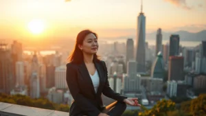 Asian woman in peaceful meditation pose overlooking modern city skyline at sunset, serene expression, professional attire, natural lighting, wealth and tranquility theme
