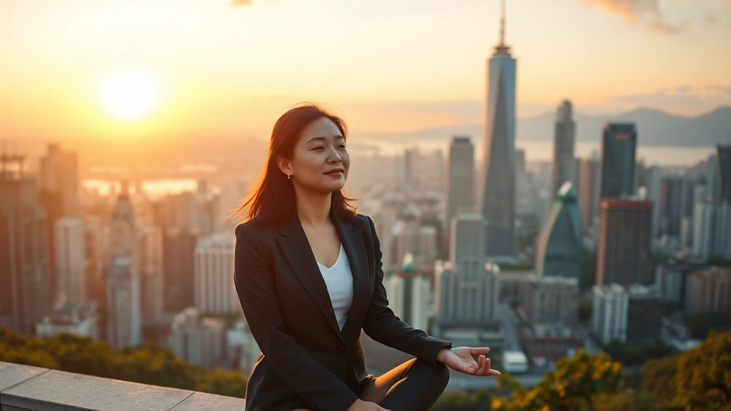 Asian woman in peaceful meditation pose overlooking modern city skyline at sunset, serene expression, professional attire, natural lighting, wealth and tranquility theme