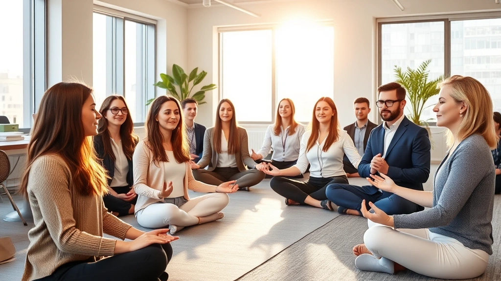 Diverse group of professionals in business casual clothing practicing mindfulness meditation together in bright modern office space, sunlight streaming through windows, calm focus