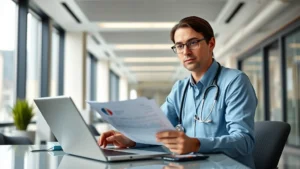 Professional healthcare worker in modern hospital setting confidently reviewing financial documents at desk with laptop and calculator, natural lighting, focused expression, contemporary office environment