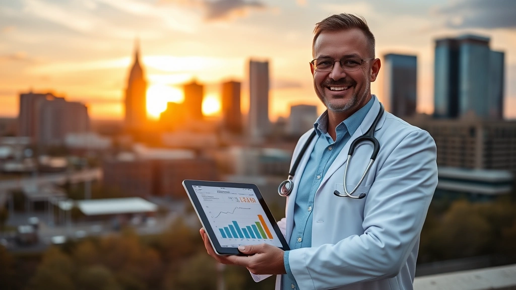 Successful healthcare professional standing in front of Nashville skyline at sunset, holding tablet showing investment growth chart, confident posture, urban professional environment, golden hour lighting