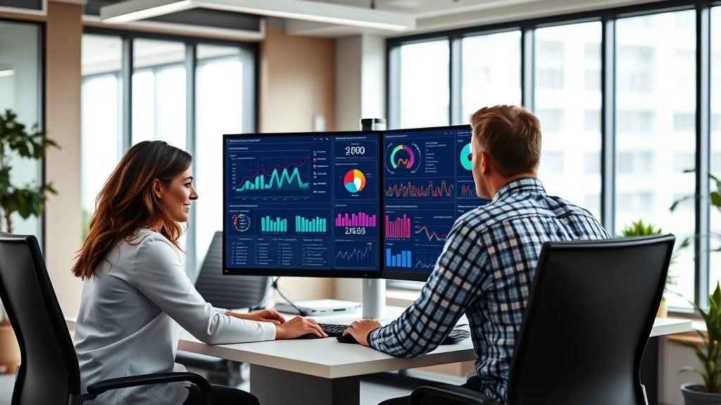 Professional healthcare technology team collaborating around modern workstation with multiple monitors displaying healthcare data analytics dashboards, modern office environment with natural lighting