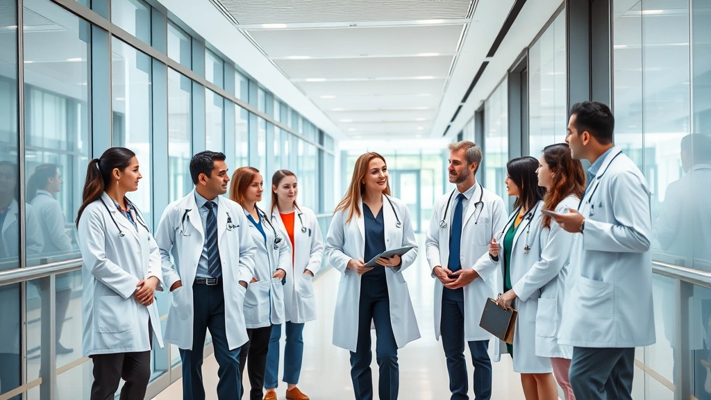 Diverse group of healthcare professionals in white coats and business attire having discussion in modern hospital corridor with glass walls and contemporary architecture