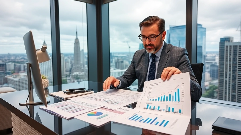 Affluent professional reviewing financial portfolio documents and healthcare sector investment charts at modern desk with city skyline visible through floor-to-ceiling windows