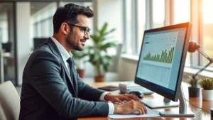 Professional businessman in modern office reviewing investment portfolio on computer screen, confident expression, financial documents on desk, natural daylight from windows, wealth and success atmosphere