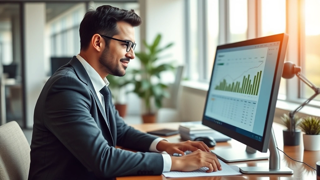 Professional businessman in modern office reviewing investment portfolio on computer screen, confident expression, financial documents on desk, natural daylight from windows, wealth and success atmosphere