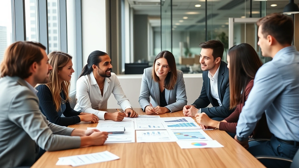 Diverse group of people in business casual attire discussing financial planning around conference table with charts and graphs visible, collaborative wealth-building meeting, modern office environment