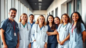Professional diverse healthcare team in modern hospital corridor, wearing scrubs and stethoscopes, smiling and collaborating, natural lighting from large windows, modern medical facility background