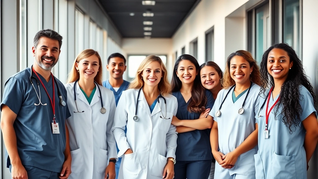 Professional diverse healthcare team in modern hospital corridor, wearing scrubs and stethoscopes, smiling and collaborating, natural lighting from large windows, modern medical facility background
