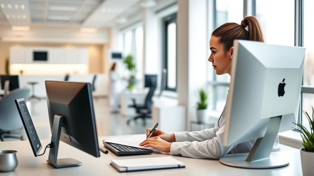 Young professional woman at computer workstation in bright healthcare office, reviewing documents and taking notes, modern ergonomic setup, contemporary medical facility interior design