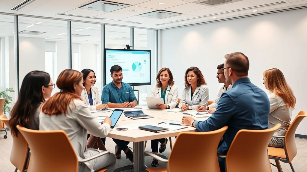 Group of healthcare professionals in modern conference room during training session, engaged in discussion with presentation materials, diverse team, professional development setting