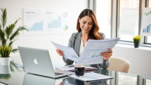 Professional woman reviewing financial documents and investment portfolio at modern desk with laptop, coffee, and financial charts visible, natural daylight from window, confident expression, wealth-building mindset