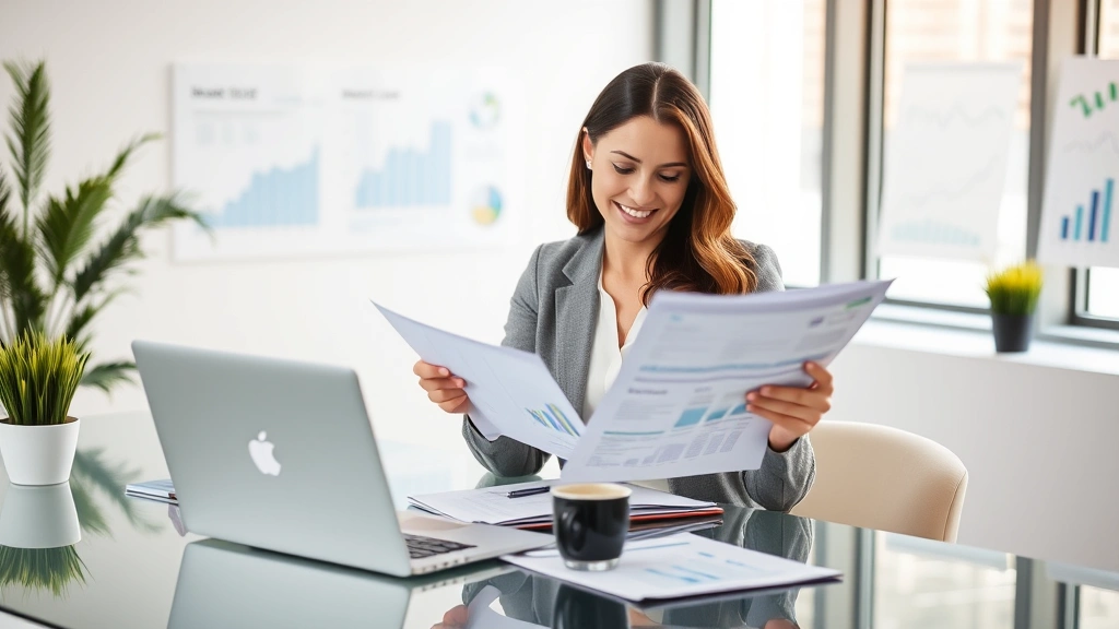 Professional woman reviewing financial documents and investment portfolio at modern desk with laptop, coffee, and financial charts visible, natural daylight from window, confident expression, wealth-building mindset