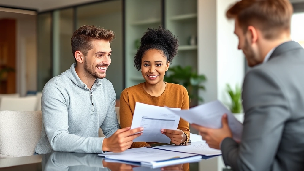 Young diverse couple meeting with financial advisor in modern office, reviewing retirement account statements and investment strategy documents, collaborative atmosphere, professional setting