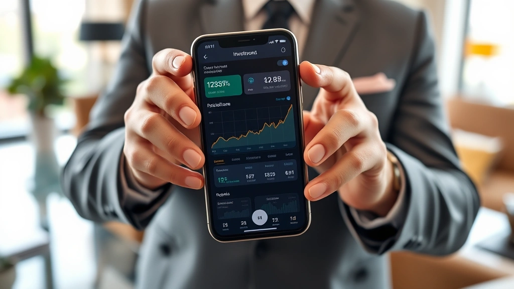 Wealthy person's hands holding smartphone showing investment app dashboard with portfolio growth, upward trending graphs in background, luxury office setting, prosperity visualization