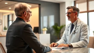 Professional middle-aged doctor in white coat consulting with patient in modern clinic office, warm lighting, both appearing engaged and confident, stethoscope visible, medical charts on desk