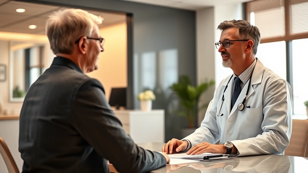 Professional middle-aged doctor in white coat consulting with patient in modern clinic office, warm lighting, both appearing engaged and confident, stethoscope visible, medical charts on desk