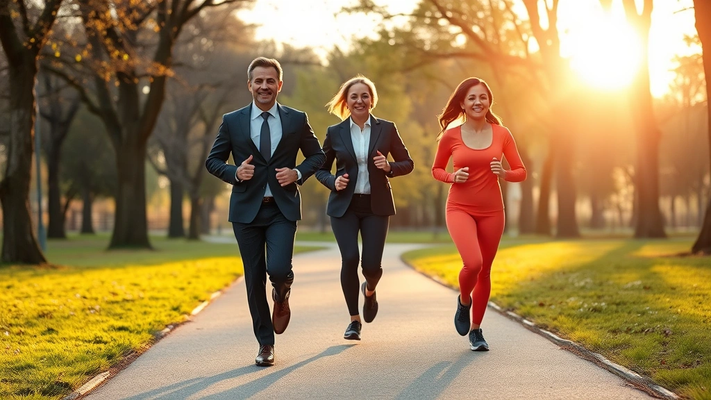 Fit diverse professional in business attire jogging outdoors at sunrise through park, energetic expression, healthy posture, natural morning light, trees and pathway visible