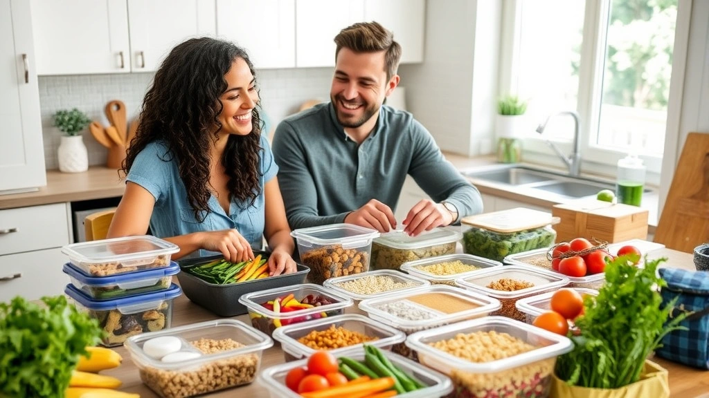 Diverse couple meal planning at kitchen table with fresh vegetables, whole grains, and healthy ingredients spread out, smiling, organized meal prep containers, natural daylight from window